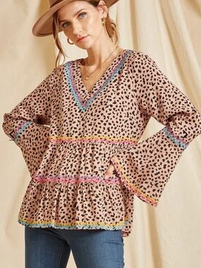 Savanna Jane Pink Leopard-Print V-Neck Peplum Tunic with Multicolor Trim